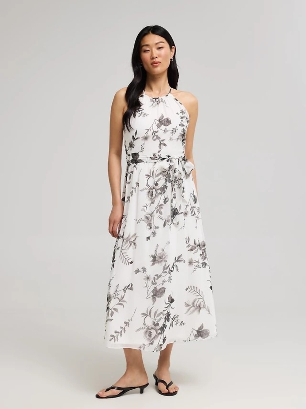 NWT Suzy Shier White Floral Halter Maxi Dress with Gray Print